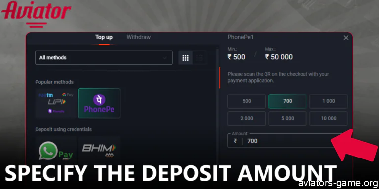 Enter the total sum you want to deposit into your Aviator account