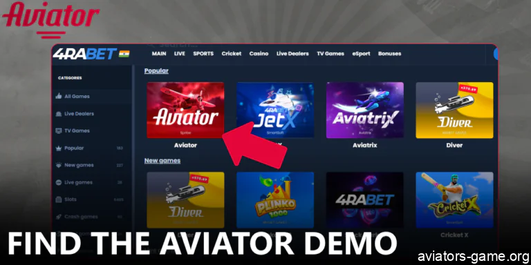 Locate the Aviator title on the casino's main page.